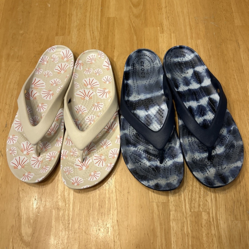 Crocs‎ Kadee II 2 pairs Women's Flip Flops Beige Floral Blue Tie Dye 10